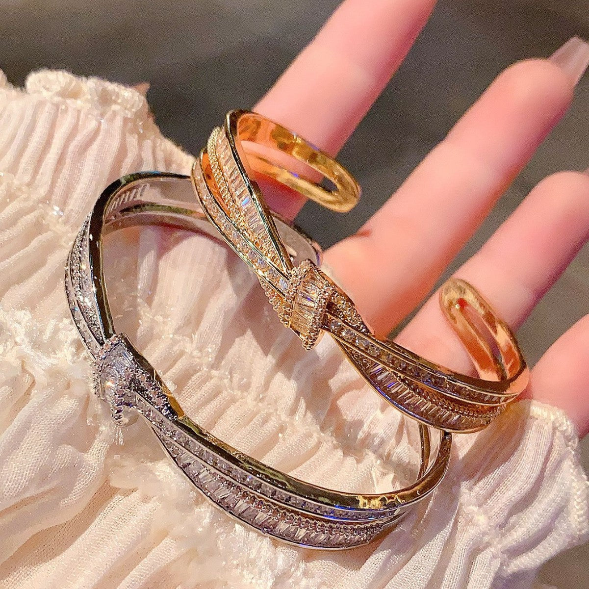 Wholesale diamond cross-edge tied ribbon bracelet light diamond all-match bracelet
